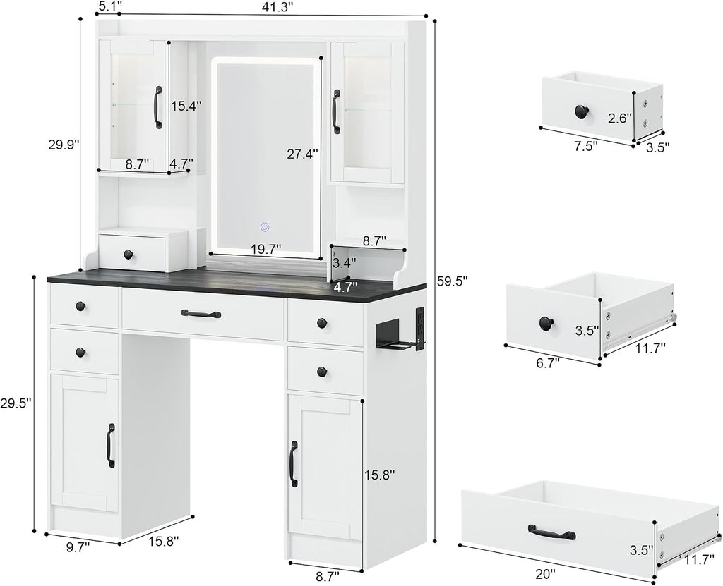 Vanity Desk with LED Lights Mirror & Power Outlet, Makeup Vanity Table Set with 3 Lights Modes, Dressing Table for