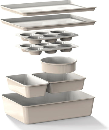 8-Piece Stackable Bakeware Set, Ceramic-Coated Nonstick Pan Set, Non-Toxic, with Sheets, Muffin Pan, Loaf Pan & Cake