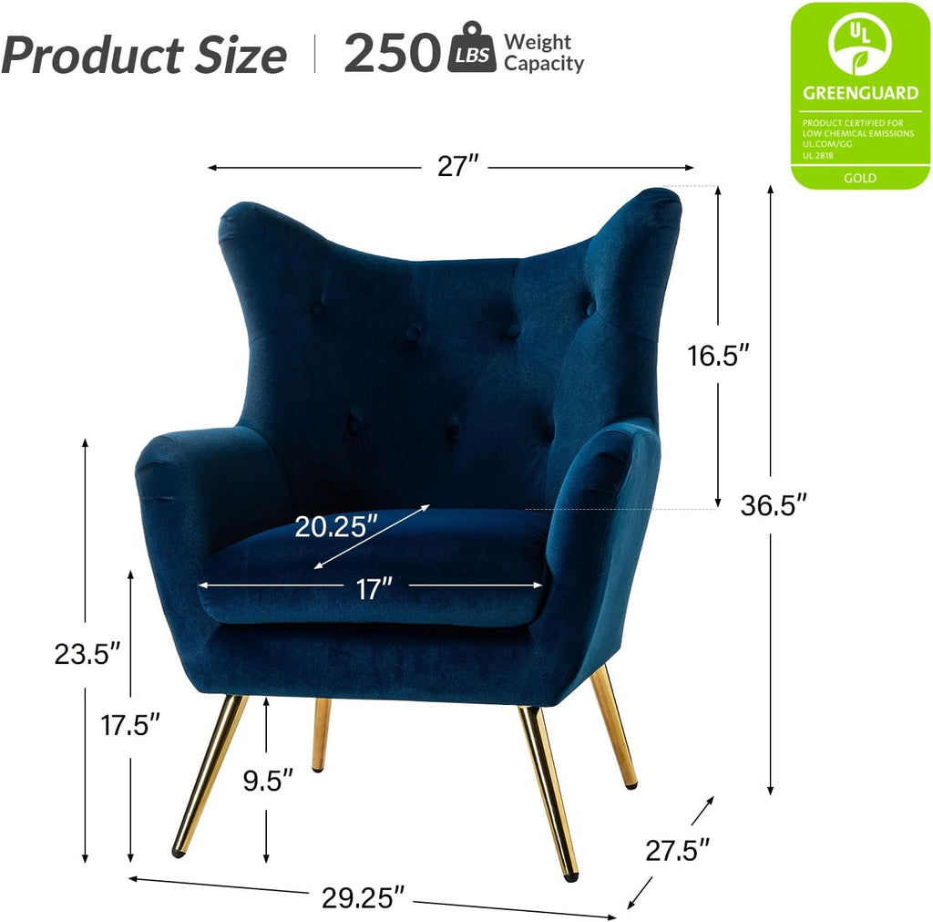 Velvet Accent Chair, Modern Wingback Arm Chair with Metal Gold Legs, Velvet Tufted Upholstered Single Sofa Chair