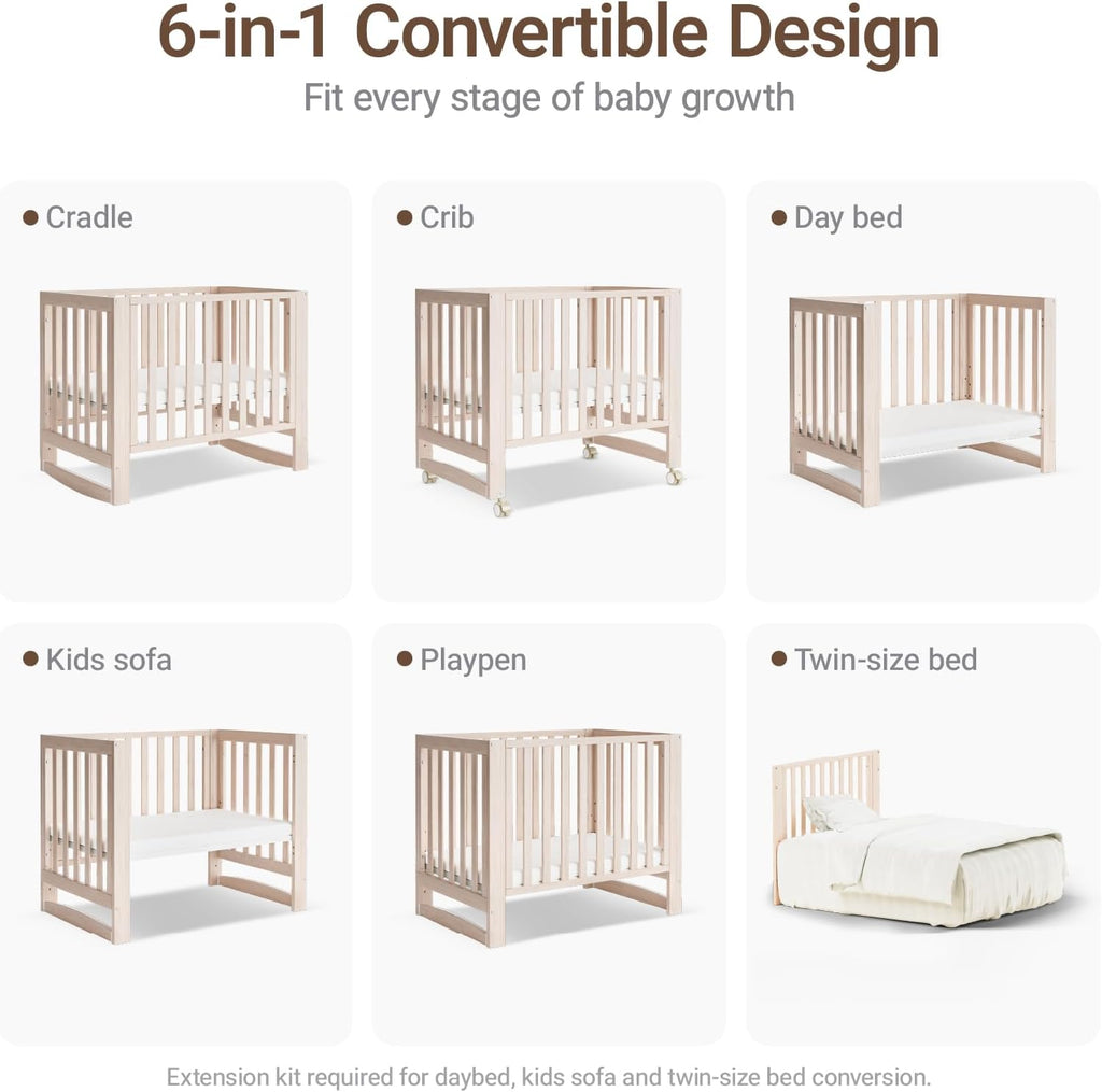 EvoNest 6-in-1 Convertible Baby Mini Crib with Wheels | GREENGUARD Gold Certified, New Zealand Pine Wood, 4