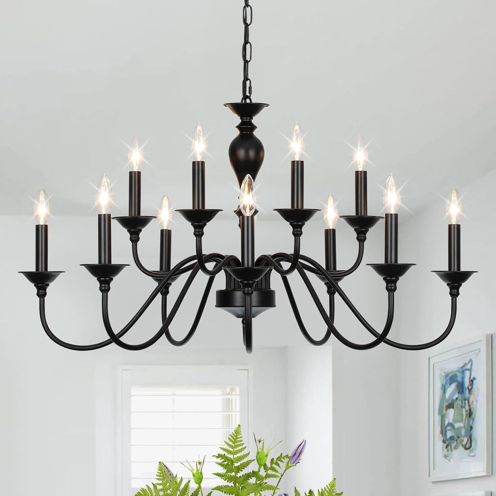 Black Farmhouse Chandeliers for Dining Room Light Fixtures Over Table, 12 Light Industrial Candle Hanging Chandeliers for Living Room Kitchen Island Foyer Staircase A109-B0DS29K2PD