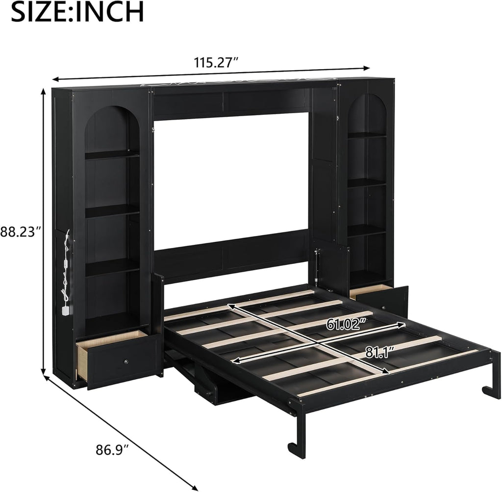 Queen Murphy Bed with Desk and Storage Bookcase & LED Light, Solid Wood Murphy Wall Bed with Storage Shelves and Drawers for Adults Bedroom Office (Queen,Black W/LED)