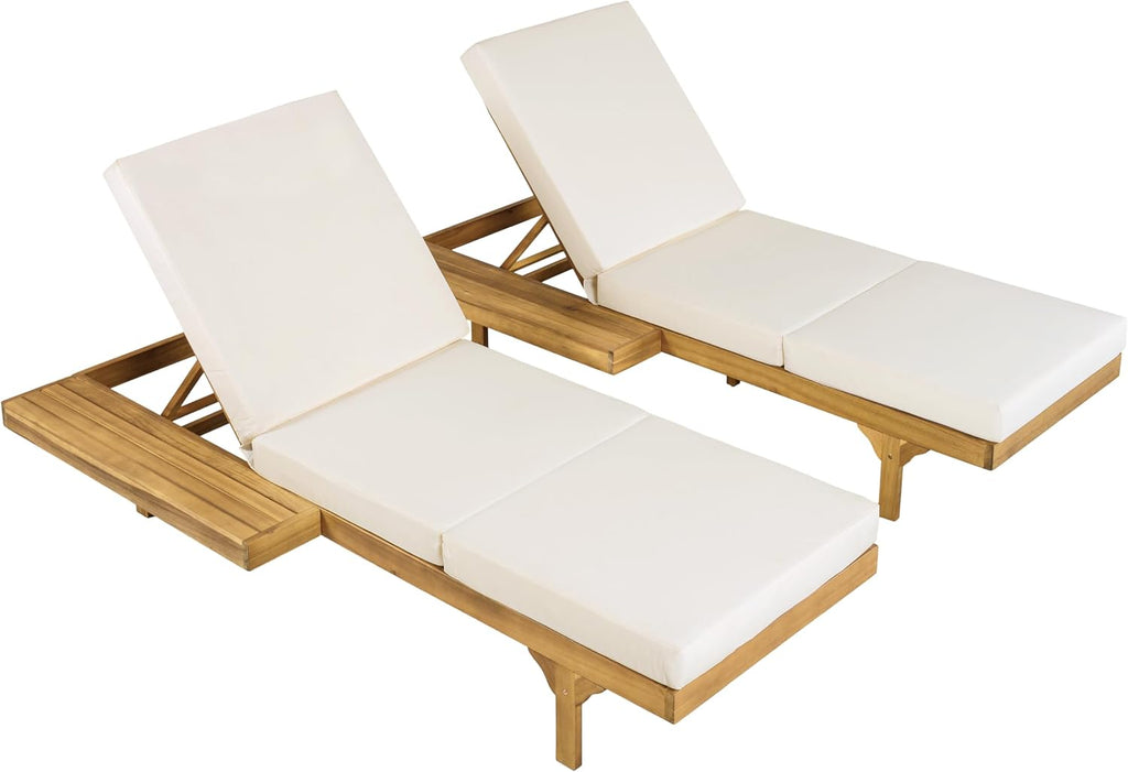 Acacia Wood Chaise Lounge Chair Set of 2, Double/Single Outdoor Sunbathing Pool Lounger with 4'' Triple-Folds