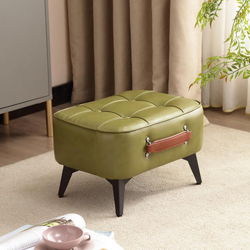 Vintage Style Faux Leather Ottoman Footstool - Wooden Frame, Upholstered Interior, Multi-Use Footrest (Azure Green)