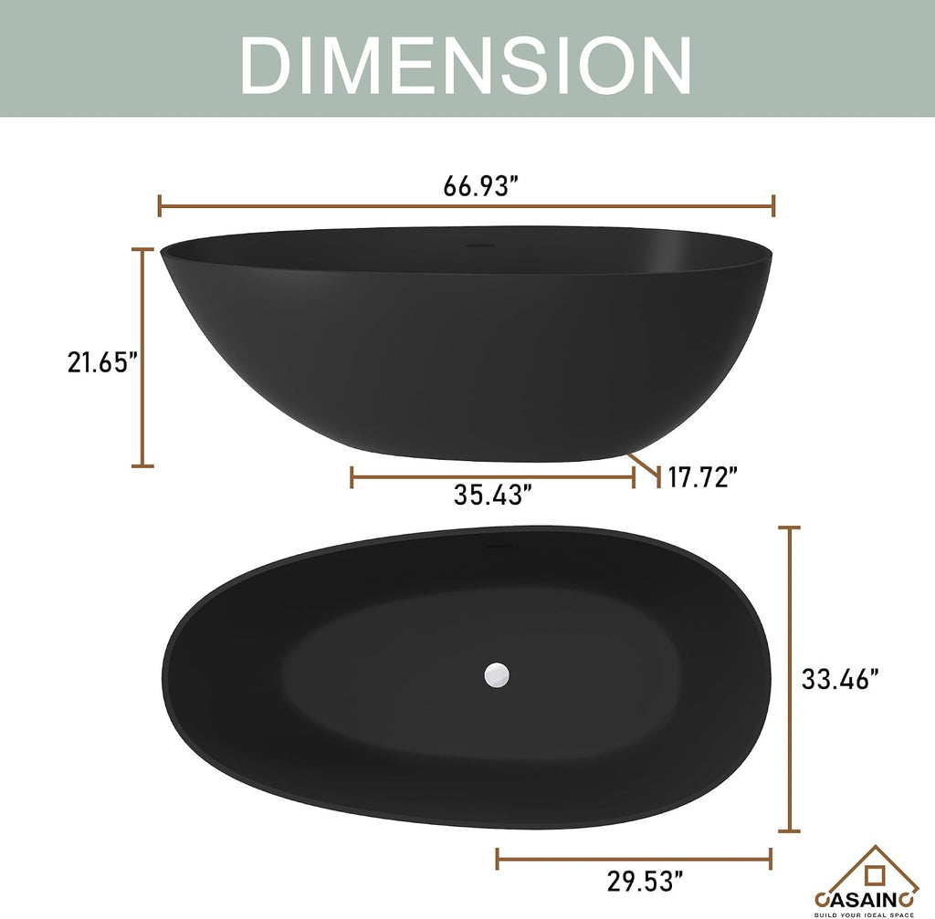 67" Freestanding Bathtub Egg-Shaped Stone Resin Freestanding Tub Solid Surface Matte Black Stand-Alone Tub with Drain