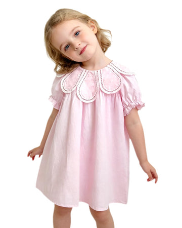 Toddler Baby Girls Cotton Casual Vintage Dresses with Smocked Petal Collar Flower Collar Short Sleeve Pink 130#