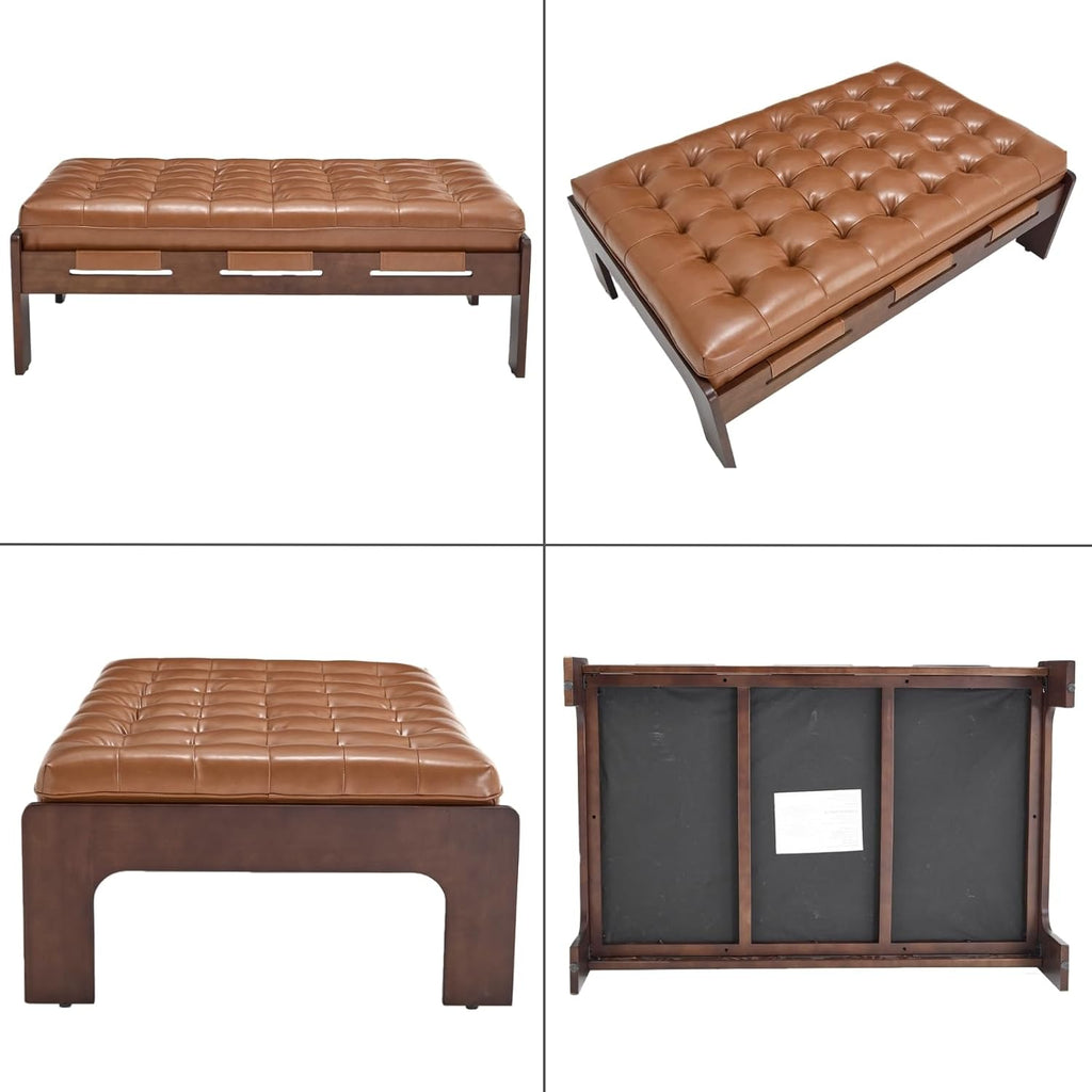 47.75" Large Rectangle Ottoman Coffee Table, Tufted Faux Leather Upholstered Living Room Coffee Table with Solid Wood