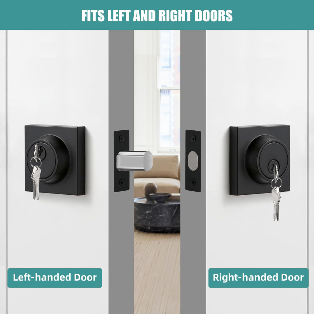 Square Single Cylinder Modern Deadbolt Lock with Keys, Matte Black Deadbolt for Front Door Entrance, Front Door