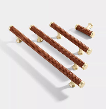 7.55" Black Braid Leather Drawer Pulls Handles Brushed Brass Cabinet Pulls Handles Unique Dresser Knob (Orange