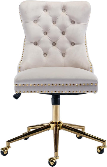 Velvet with Wheels and Gold Base, Armless Desk Chair with Tufted Back, Adjustable Height Swivel Vanity Chair