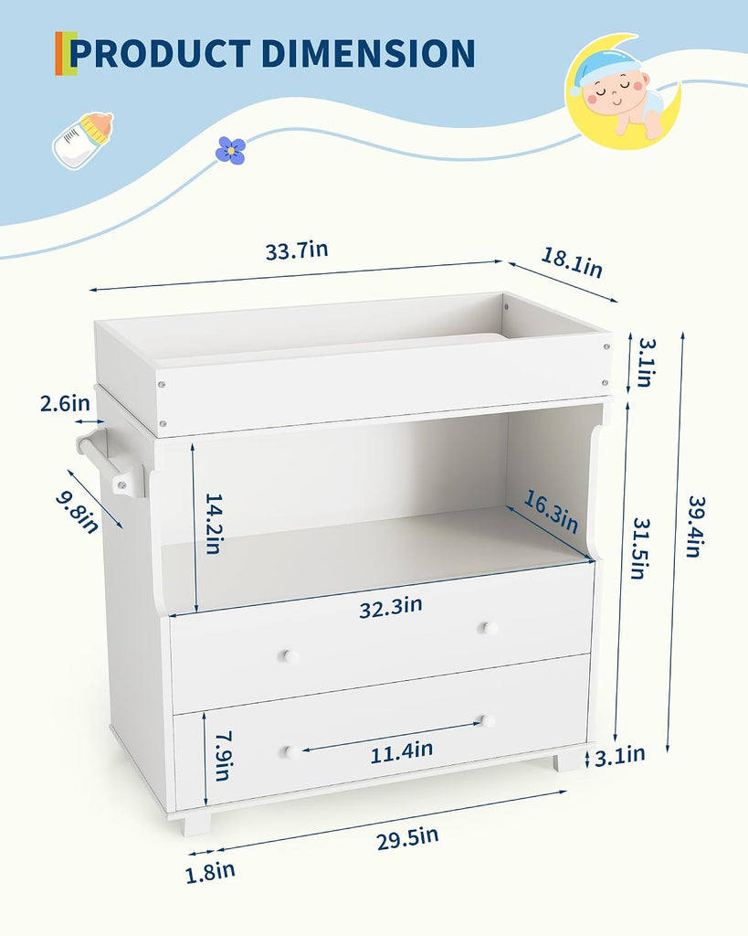 Baby Changing Table with Drawer and Storage Shelves | Heavy Duty Diaper Station, White Wooden Changing Table with