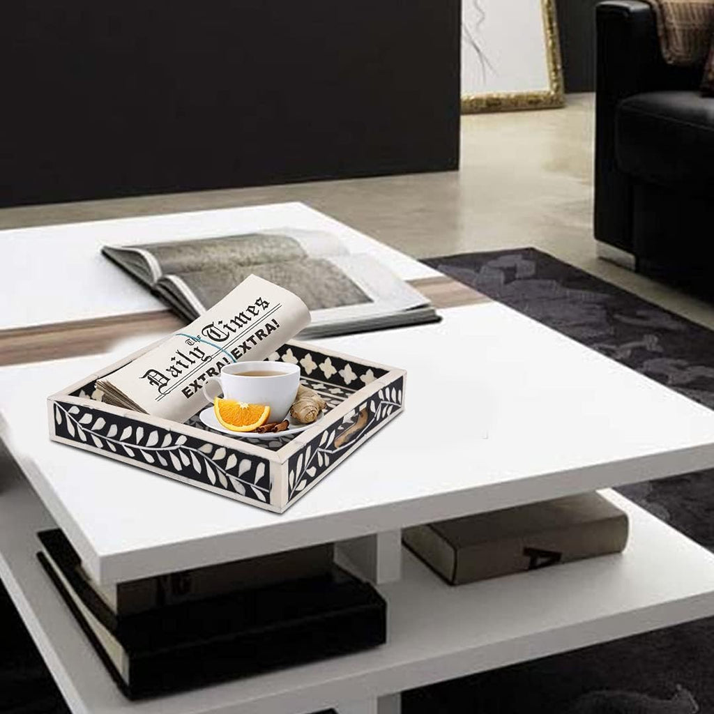 Alhambra Bone Inlay Decorative Tray, Coffee Table & Ottoman Serving Tray, Black White Vanity Countertop Organizer
