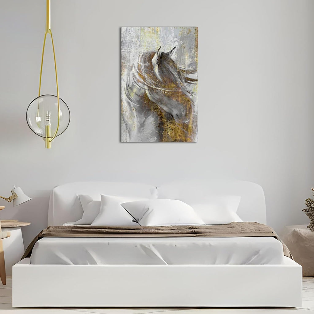 Horse Wall Art Abstract Gold Grey Horse Canvas Paintings Modern Horse Wall Decor Bedroom Office Framed 24"x36"