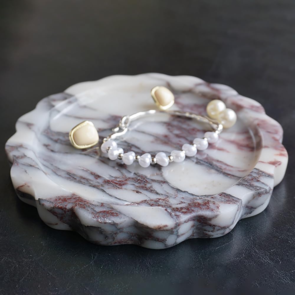 Decorative Marble Tray-6.2 in Round Stone Vanity Tray for Perfume & Jewelry | Scalloped Edge, Calacatta Viola Natural