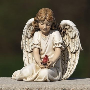 Kneeling Angel with Cardinal Garden Statue, 9-inch Height, Resin, Stone Powder and Paint, Outdoor, Garden Décor