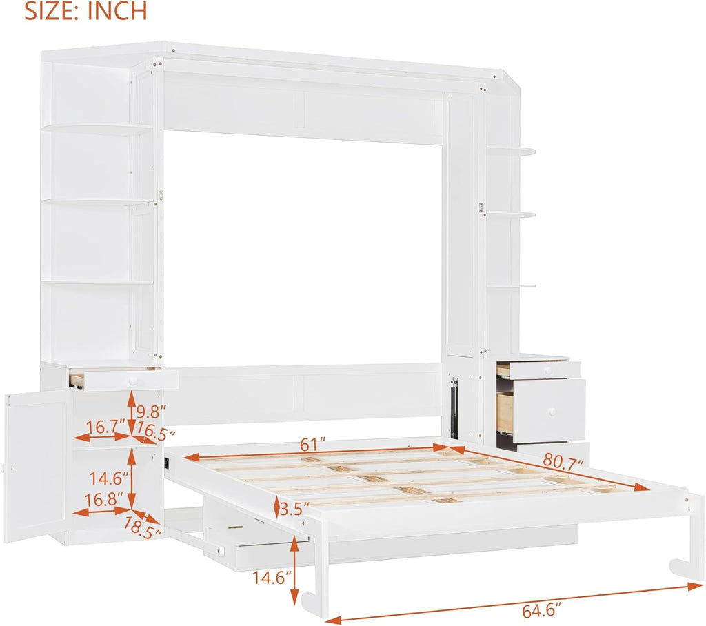 Murphy Bed with Desk, Lights, Storage Shelves and Cabinets, Hidden Wall Bed for Home Office, Space-Saving Design