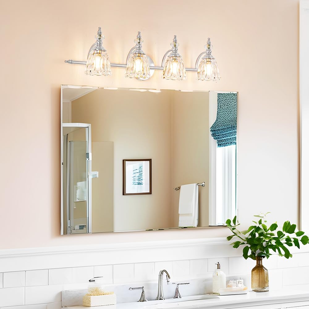 4 Light Brushed Nickel Bathroom Light Fixture, Antique Vanity Light with Flower Glass Shade, Bathroom Vanity Light