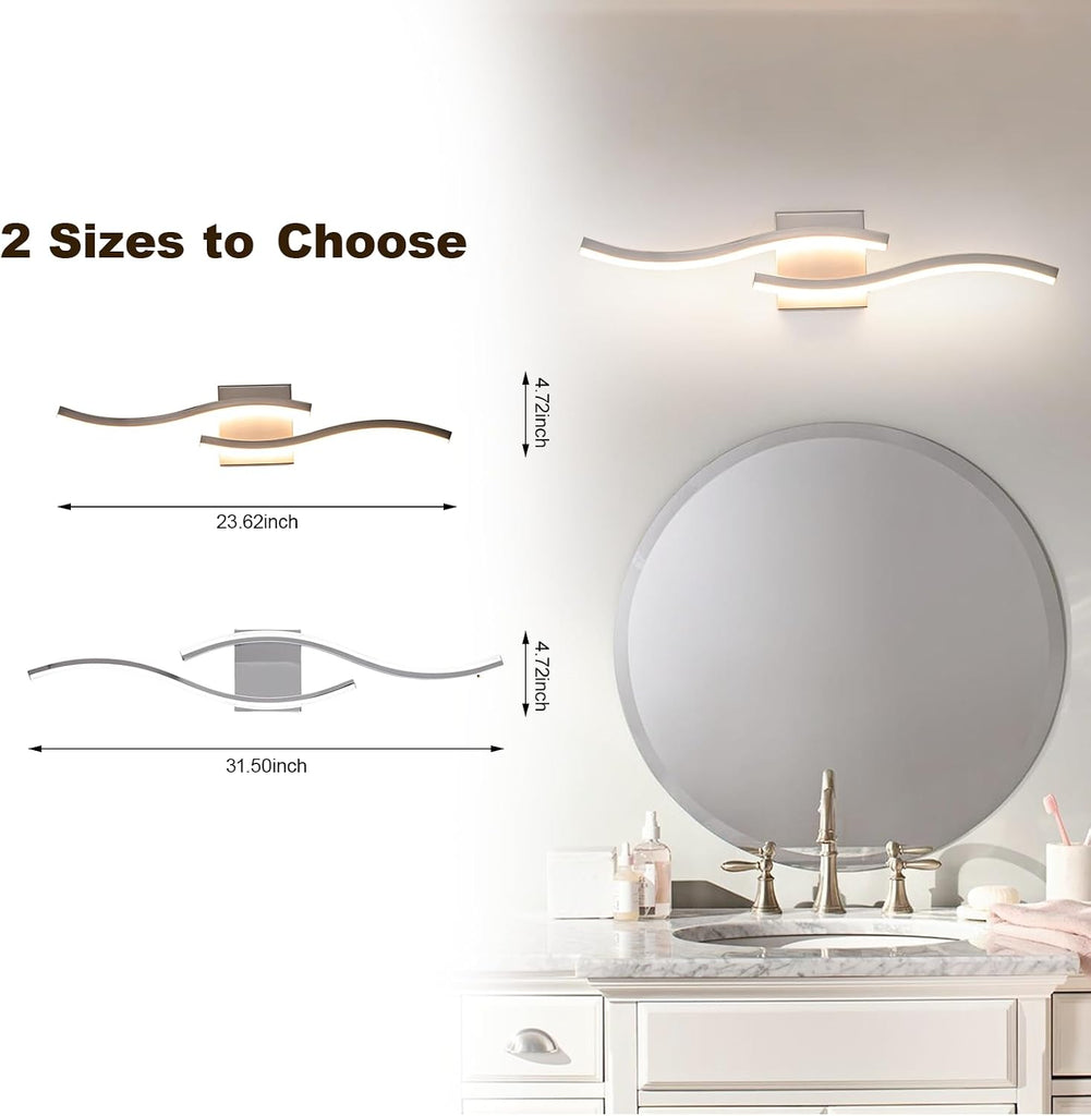 23.62 inch Brushed Nickel LED Vanity Light, 5CCT Dimmable Bathroom Light Fixture Over Mirror, Modern Curved Wall Lamp