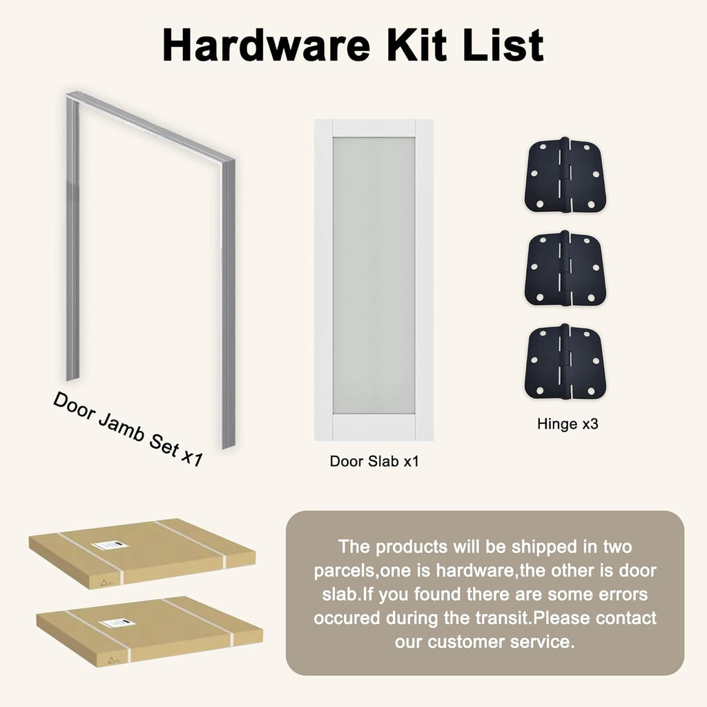 32" x 80" Prehung Door 5-Lite Tempered Frosted Glass Slab Doors with Jamb Kit, Solid Core MDF Interior Door for Bathroom Pantry Laundry, Easy Assemble - Right Handed