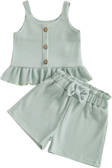 Toddler Baby Girl Summer Outfits Solid Color Waffle Sleeveless Ruffle Tank Tops Shorts Set Cute Infant Clothes