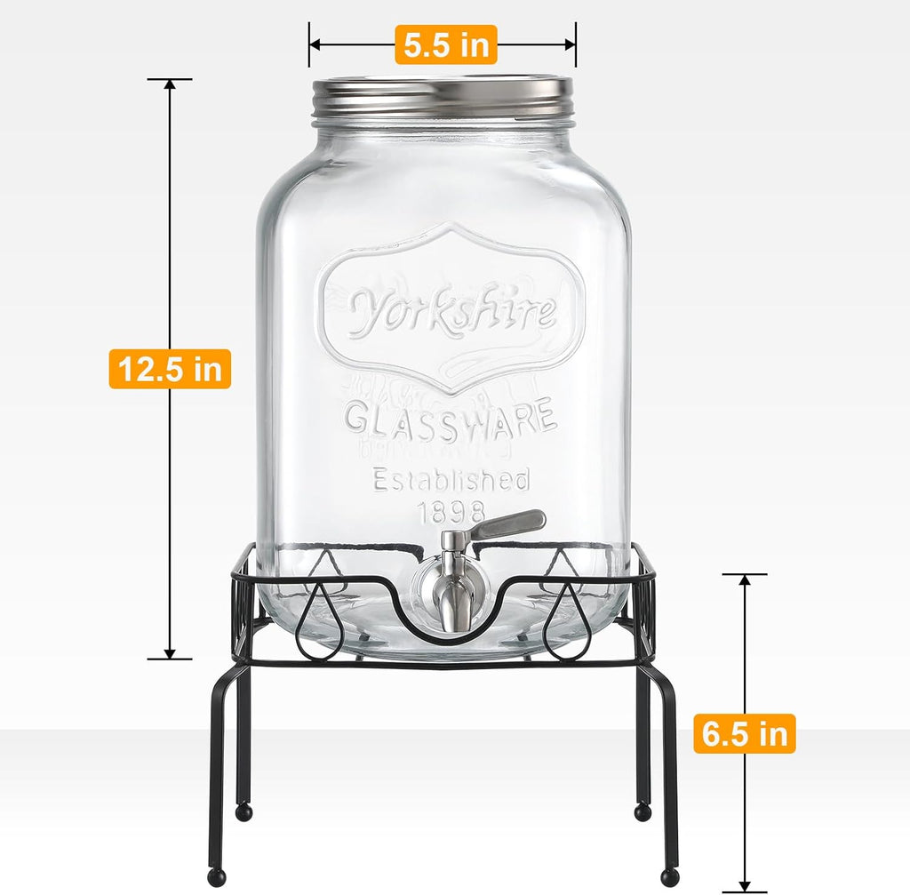 2 Gallon Glass Beverage Dispenser with Stand and Lid, 18/8 Stainless Steel Spigot - Glass Drink Dispensers for