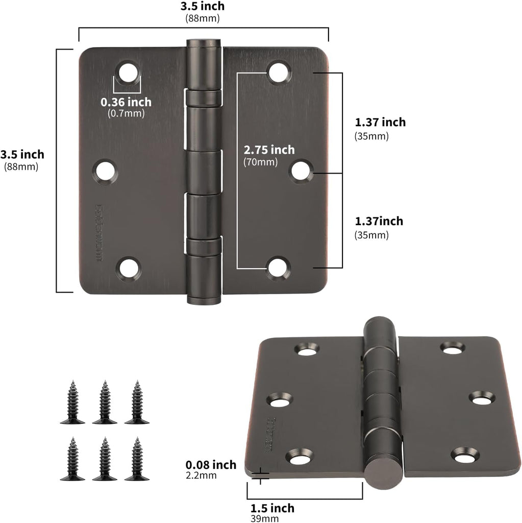 3 Pack 304 Stainless Steel Door Hinges, Oil Rubbded Bronze Non Removable Pin Heavy Duty Ball Bearing Door Hinges 3.5