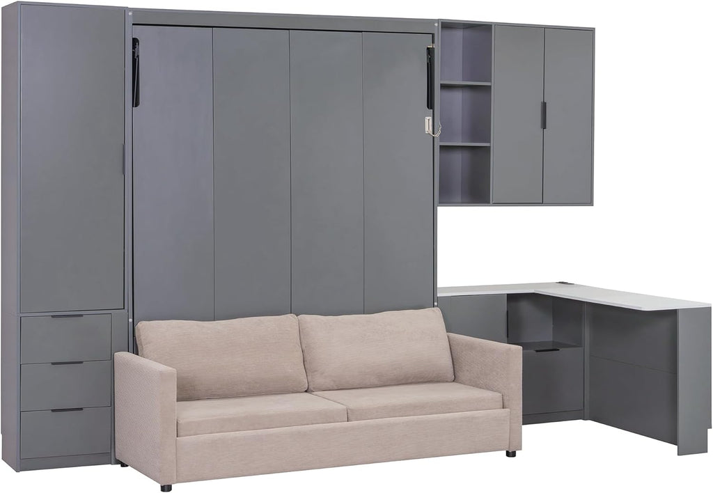 Queen Wood Murphy Bed with Upholstered Sofa & Desk, Multifunctional Foldable Wall Platform Bed w/USB Charging Station