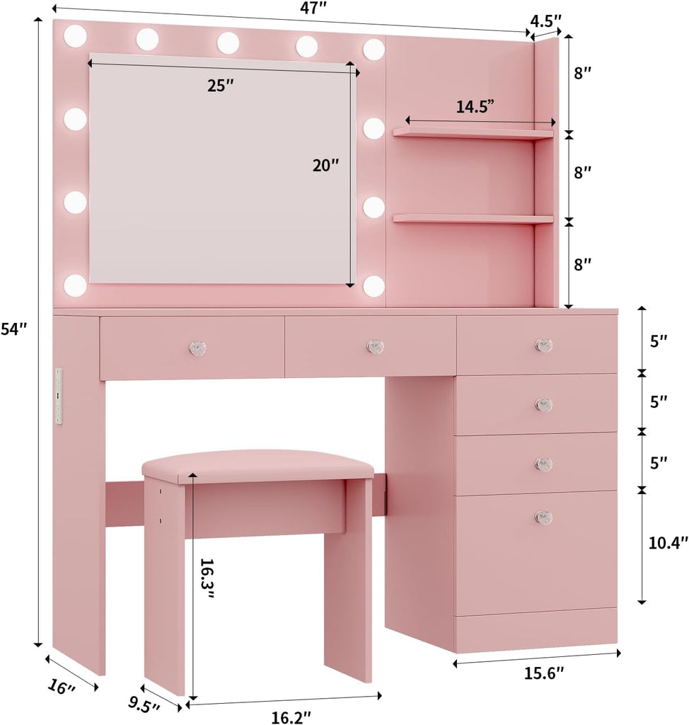 47" Vanity with Outlet - Makeup Vanity Desk with Mirror, Storage Shelves and 6 Drawers, 3-Color Light, Makeup Desk
