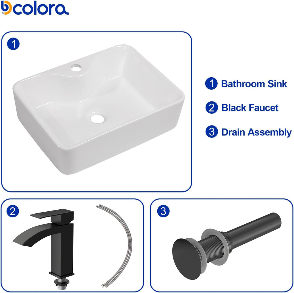 19 In. White Vessel Sink for Bathroom, Rectangular Above Counter Porcelain Ceramic Sink with Black Accessories