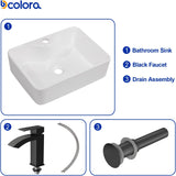 19 In. White Vessel Sink for Bathroom, Rectangular Above Counter Porcelain Ceramic Sink with Black Accessories