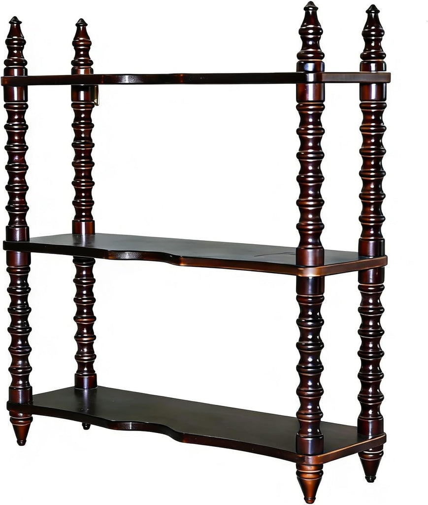 Solid Wood Wall Mounted Shelf, Vintage 3-Tier Carved Wooden Display Rack, Rustic Decorative Storage Shelf with Turned