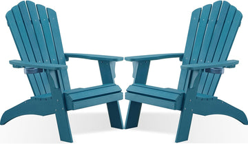 Adirondack Chairs Set of 2 with Cup Holder, Blue | 350Lbs Support, All Weather Patio Chairs for Fire Pit Deck