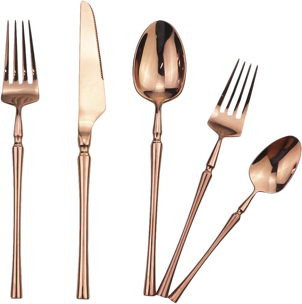 20-Piece Copper Flatware Set 304 Stainless Steel Fork Spoon Cutlery Luxury Mirror Polished Silverware, Dishwasher Safe