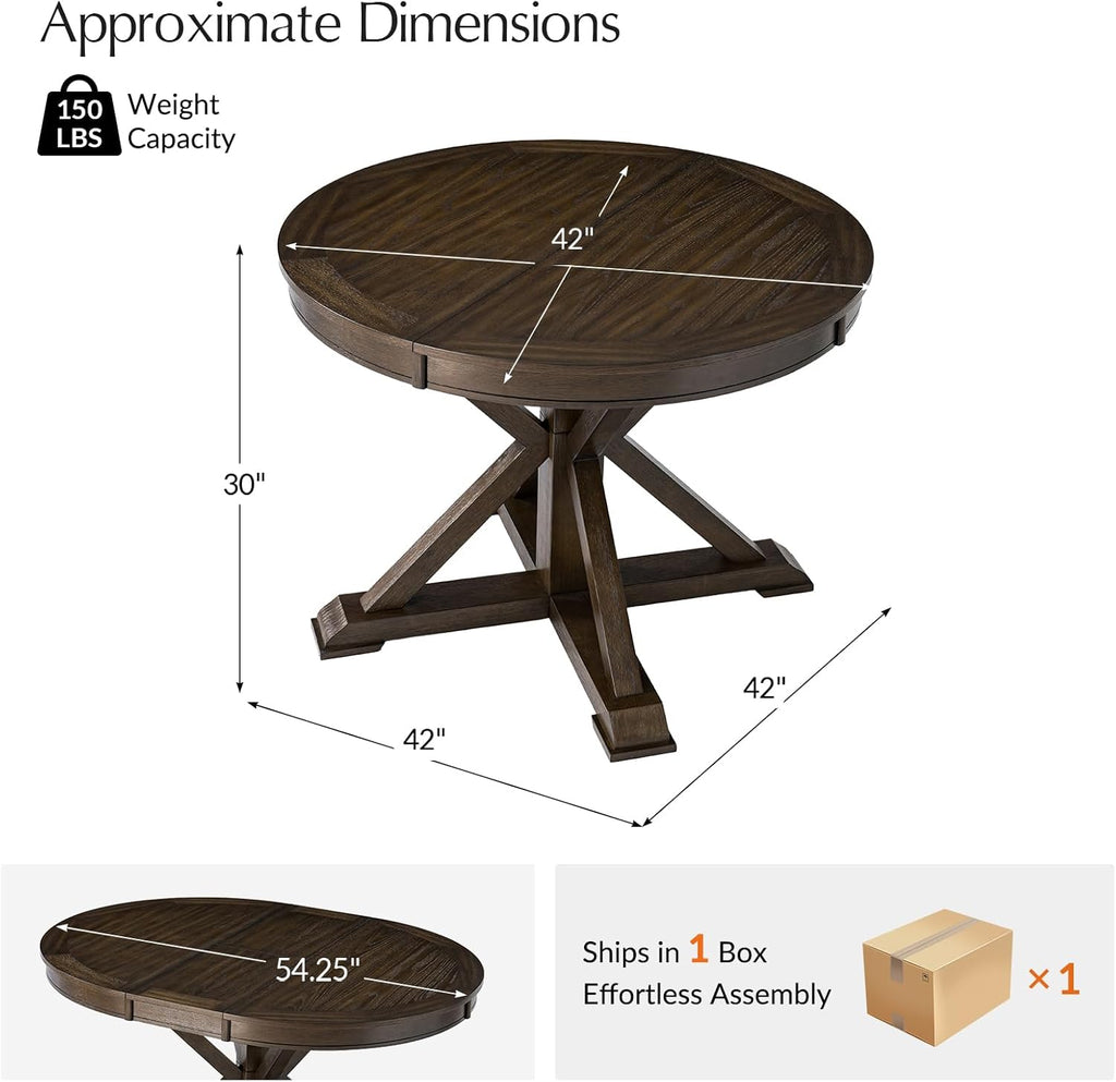 42"-54" Oval Round Extendable Dining Table, Farmhouse Solid Wood Expandable Kitchen Table with Leaves Space