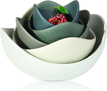 Premium 5Piece Ceramic Serving Bowls Set Blooming Lotus Shape Assorted Sizes for Salads Soups Ramen Daily Dining and