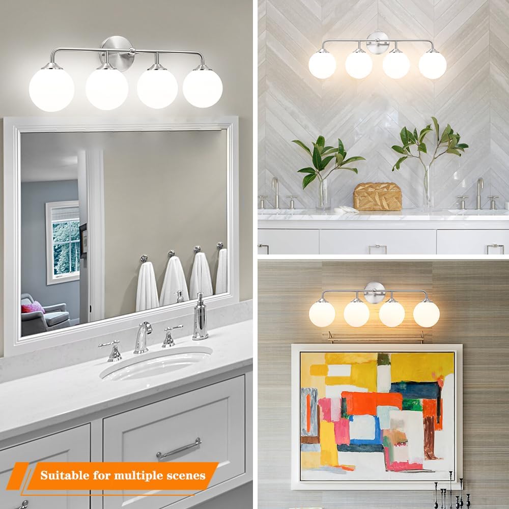 Modern 4-Lights Brushed Nickel Vanity Lights Over Mirror, Bathroom Lighting Fixtures with Milk White Globe Glass