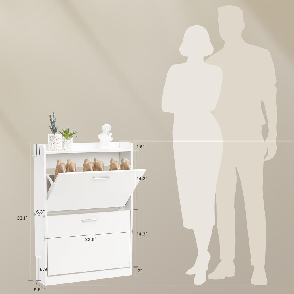 Slim Shoe Cabinet with 2 Flip Drawers, 23.6" W White