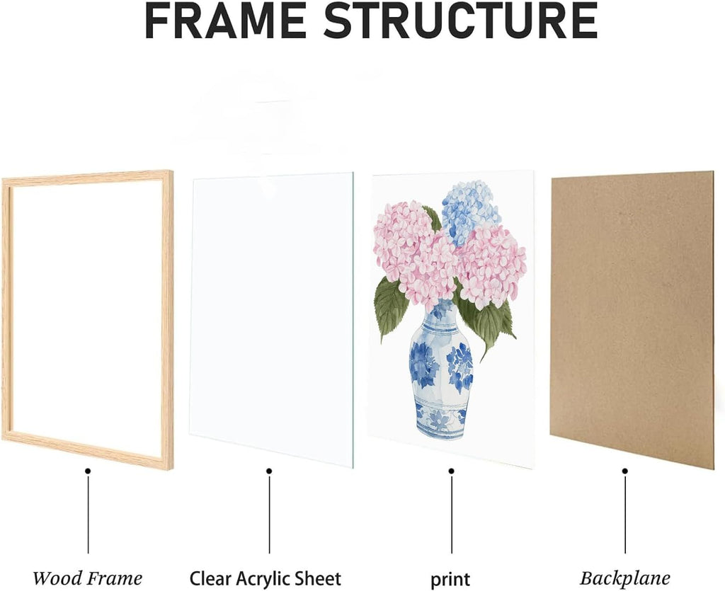 OAK Wood Framed Wall Art Pink And Blue Floral Canvas Wall Art Chinoiserie Flower Pictures Wall Decor Set of 3