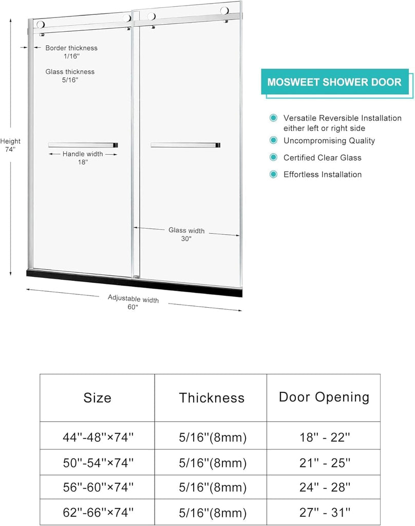 Milano Double Sliding Shower Door, 56-60" W x 74" H Framed Shower Door 5/16"(8mm) Clear SGCC Tempered Glass