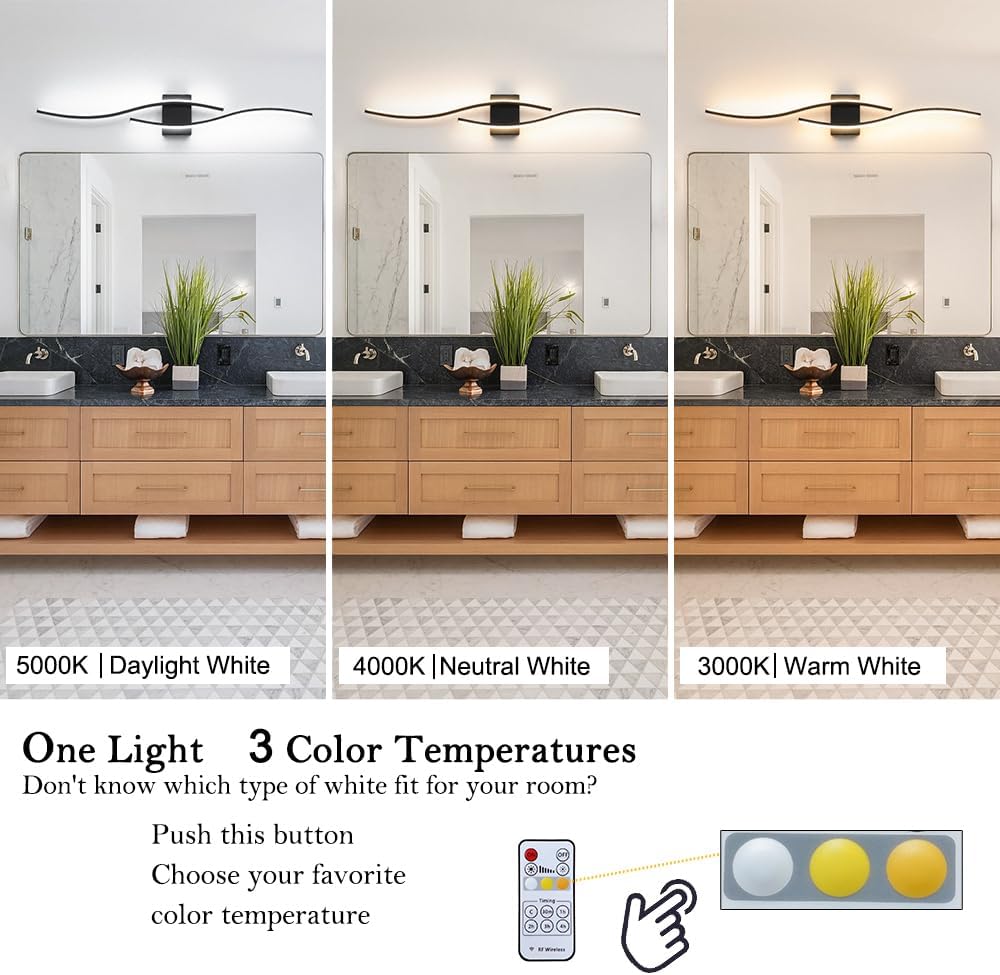Black Vanity Lights Fixtures Over Mirror, Modern LED Bathroom Light Fixture with Remote Control, 3CCT Dimmable