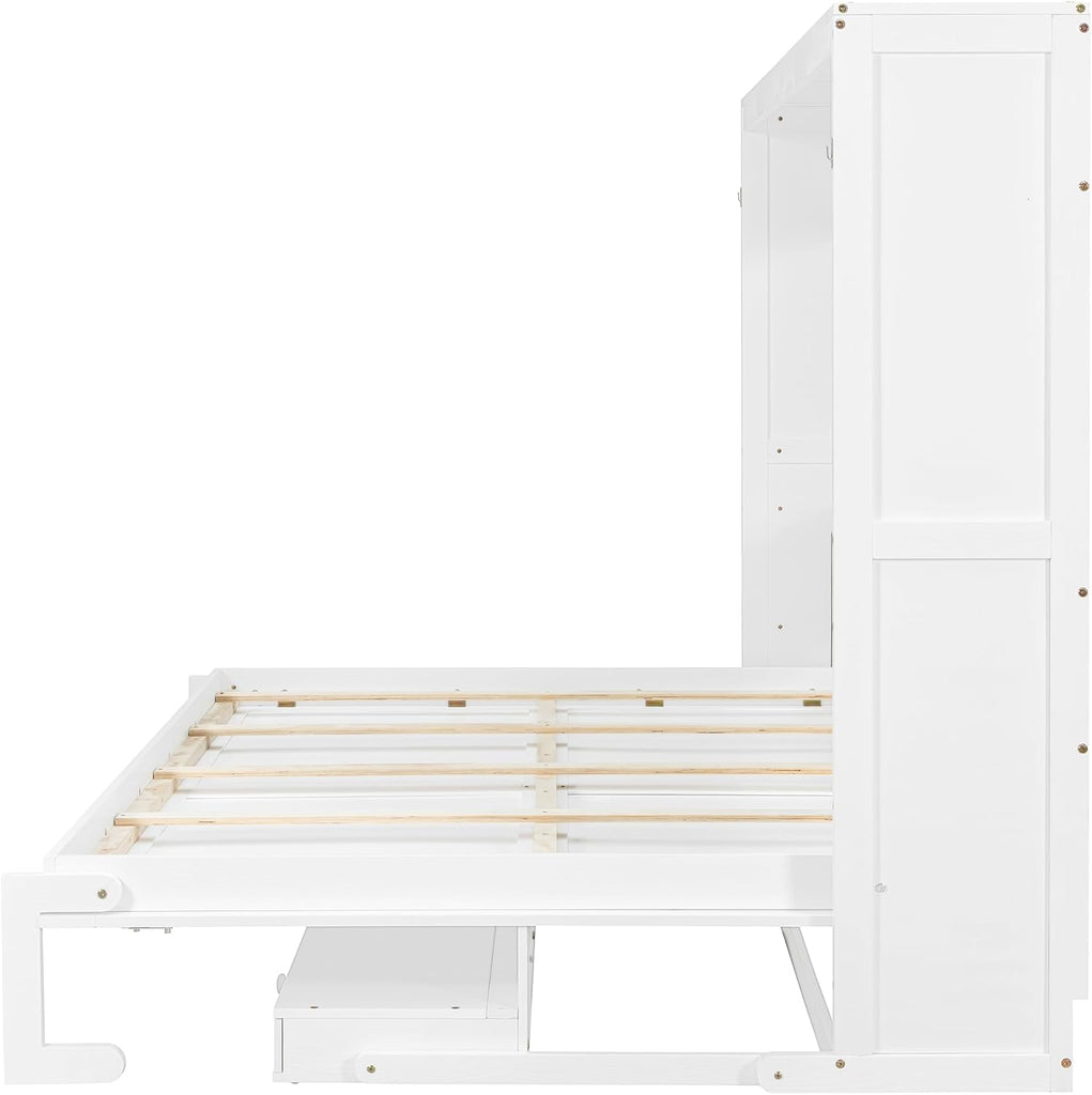 Queen Murphy Bed with Vanity Desk, Foldable Murphy Cabinet Bed with Center Mirror and 2 Side Storage Drawers, Wood