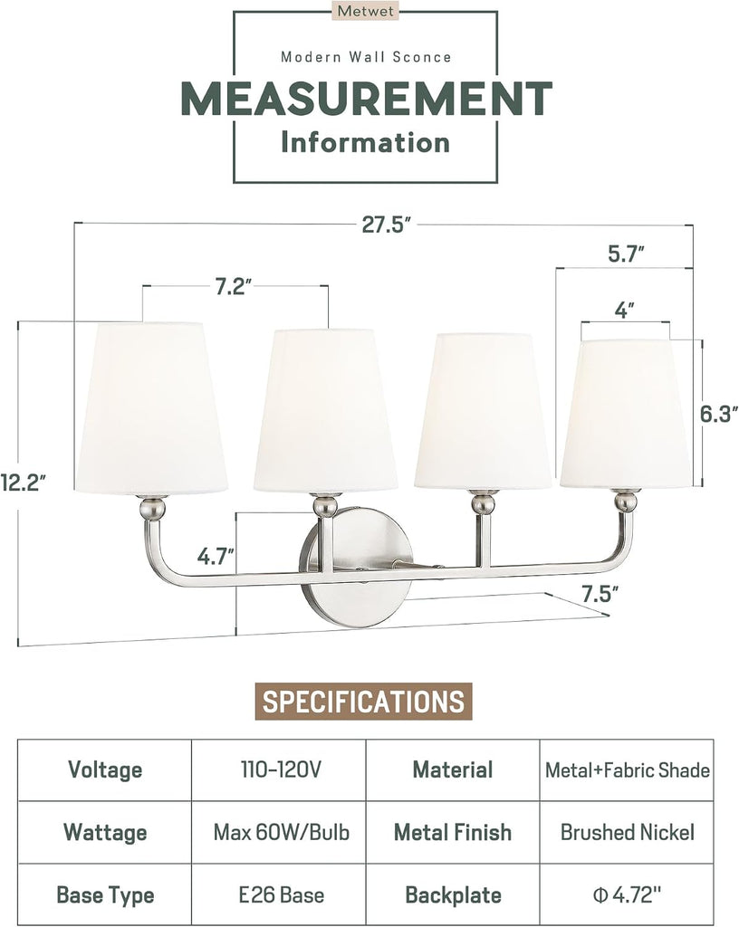 4-Light Brushed Nickel Bathroom Vanity Light, White Fabric Shades | Ideal for 32-42" mirrors, 28" bathroom light