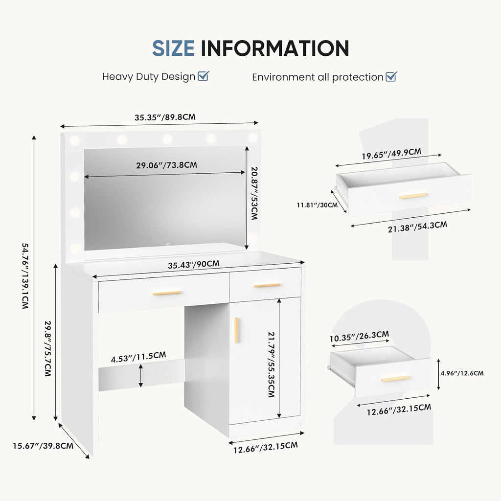 Makeup Vanity Desk with Mirror and Lights, Charging Station | 11 LED Bulbs, Dressing Table, Large Cabinet, 2 Drawers