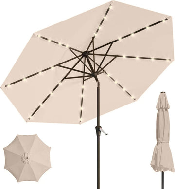 9' Solar LED Patio Umbrella with Tilt & Crank|8 Sturdy Ribs,UV Protection,Outdoor Market Table Umbrella
