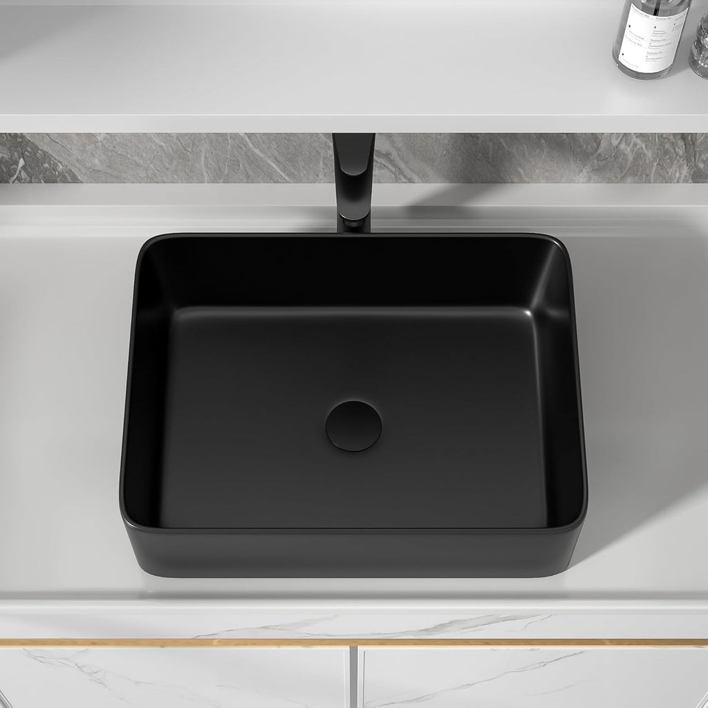 19"x15" Bathroom Vessel Sink Rectangular - Matte Black Porcelain Ceramic Rectangle Above Counter Vanity Lavatory Bath Sink Art Basin with Faucet & Pop-Up Drain
