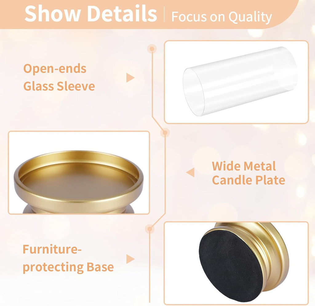 Hurricane Candle Holder Gold: Pillar Candle Holders with Clear Glass Sleeve - Set of 2 Decorative Brass Metal Pillars