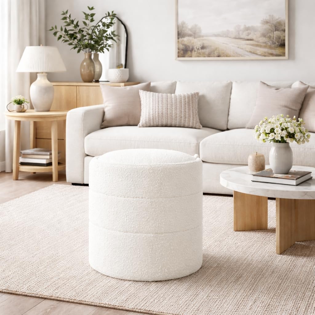 18" Storage Round Ottoman - Cream Boucle
