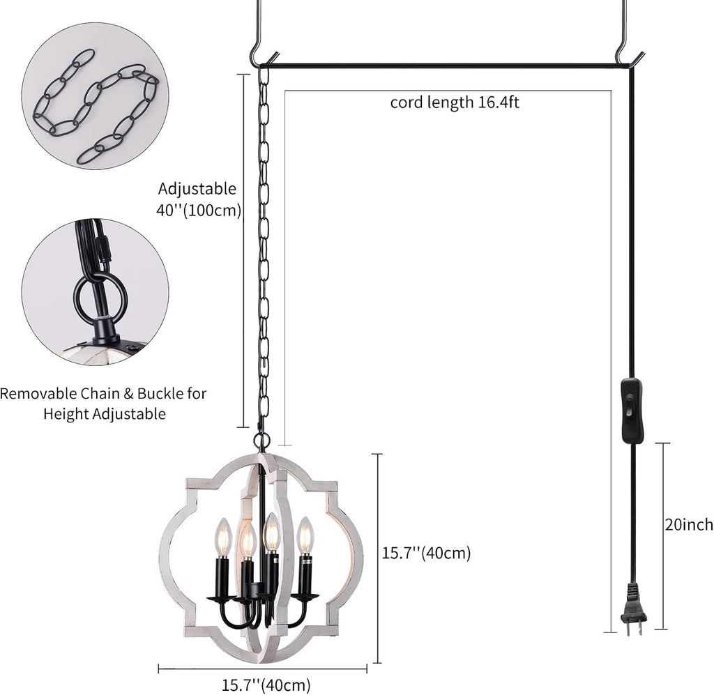 Plug in Chandelier with 16.4ft Cord,Plug in Pendant Light,Orb Wood Farmhouse Light fixtures