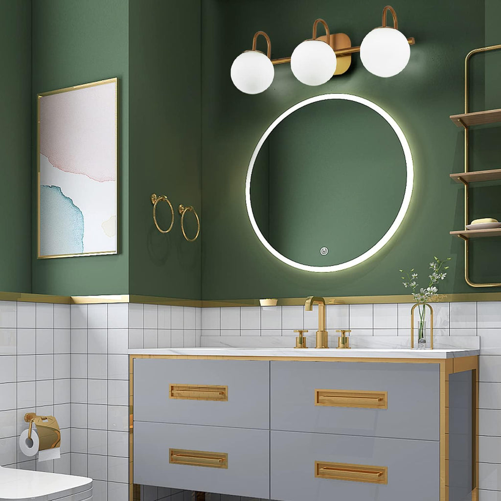 Modern Bathroom Vanity Light Fixtures 3 Lights Brushed Brass Frame and Milk White Glass Globe Shade Modern Wall