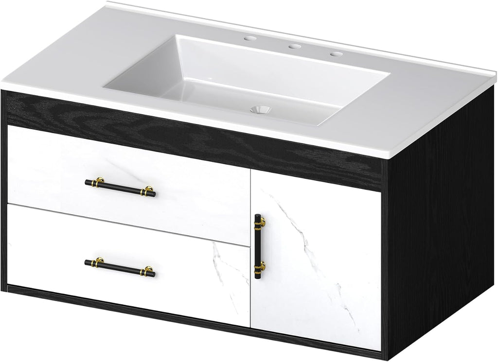 36 Floating Vanity with Sink, Wall Mounted Bathroom Cabinet Vanity with Soft-Close System Cabinet, Marble Pattern